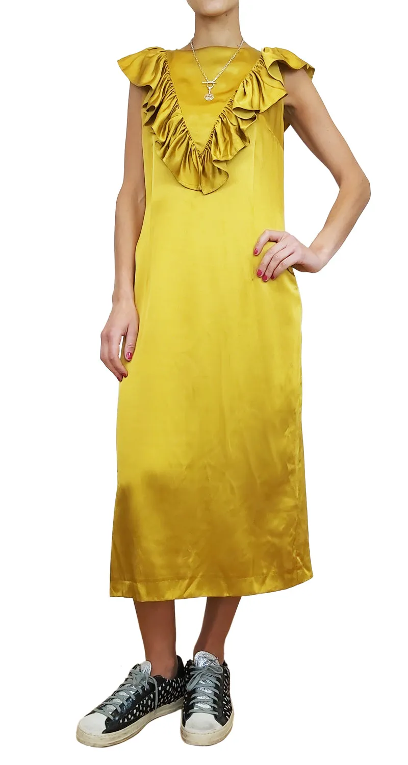ANTHROPOLOGIE Vestido Ruffle Neckline Satin Dorado
