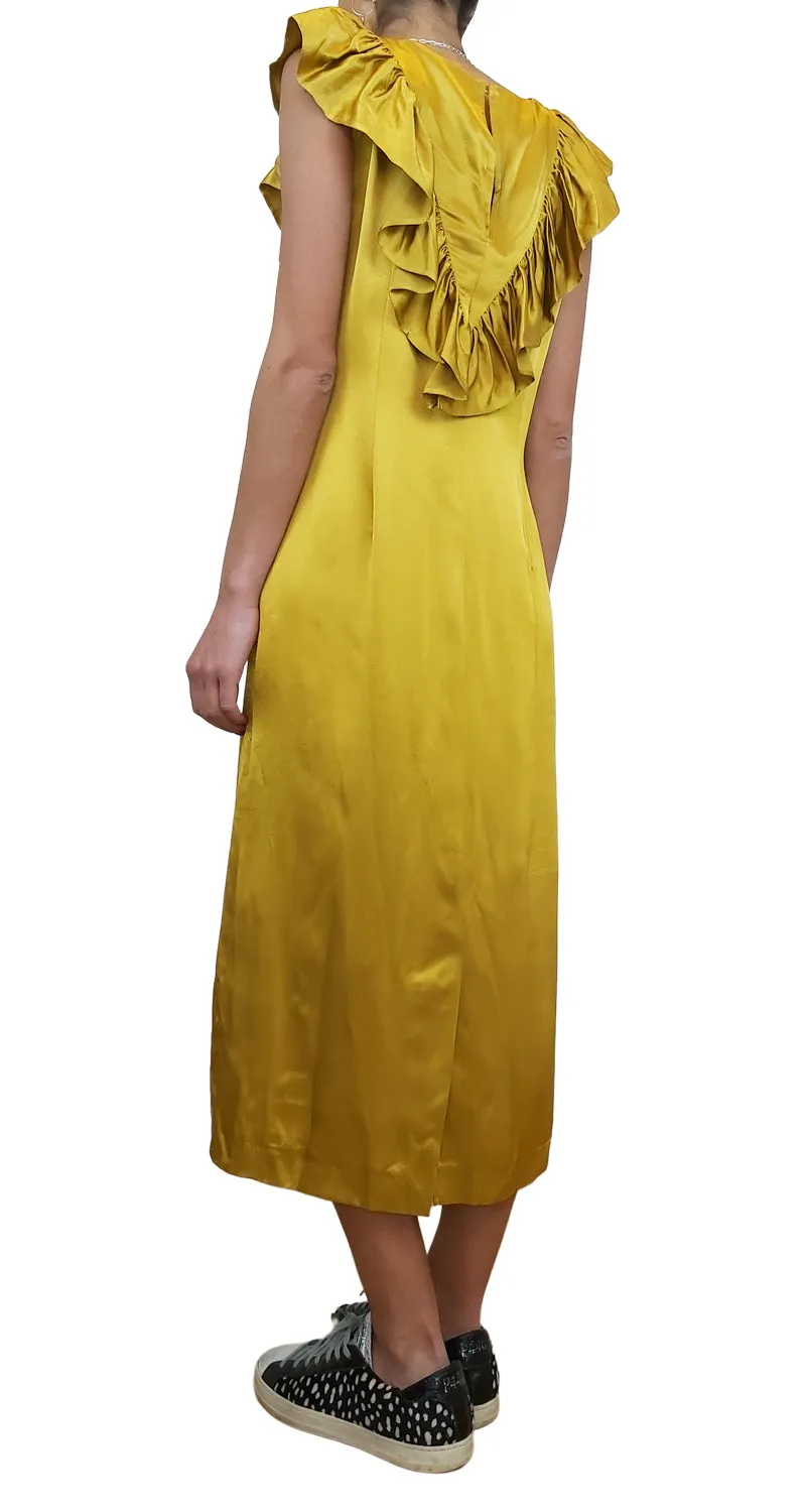 ANTHROPOLOGIE Vestido Ruffle Neckline Satin Dorado