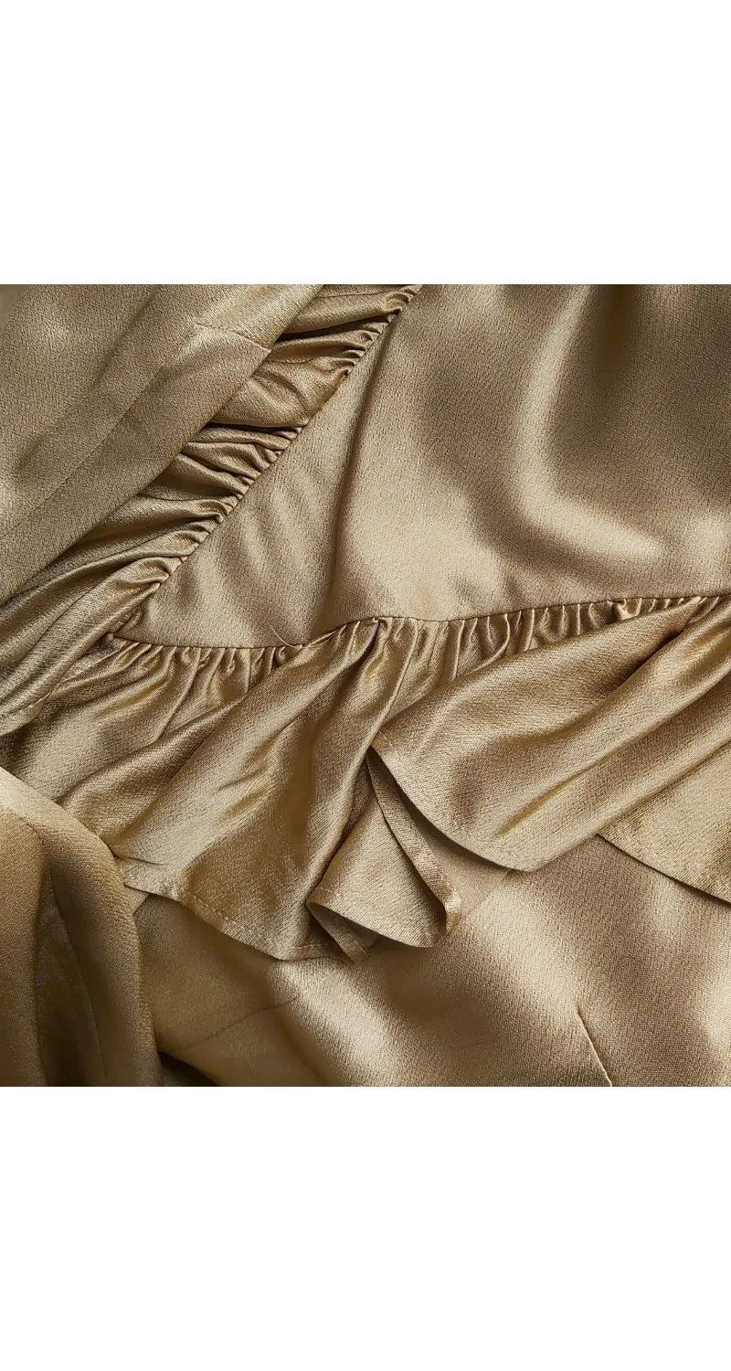ANTHROPOLOGIE Vestido Ruffle Neckline Satin Dorado