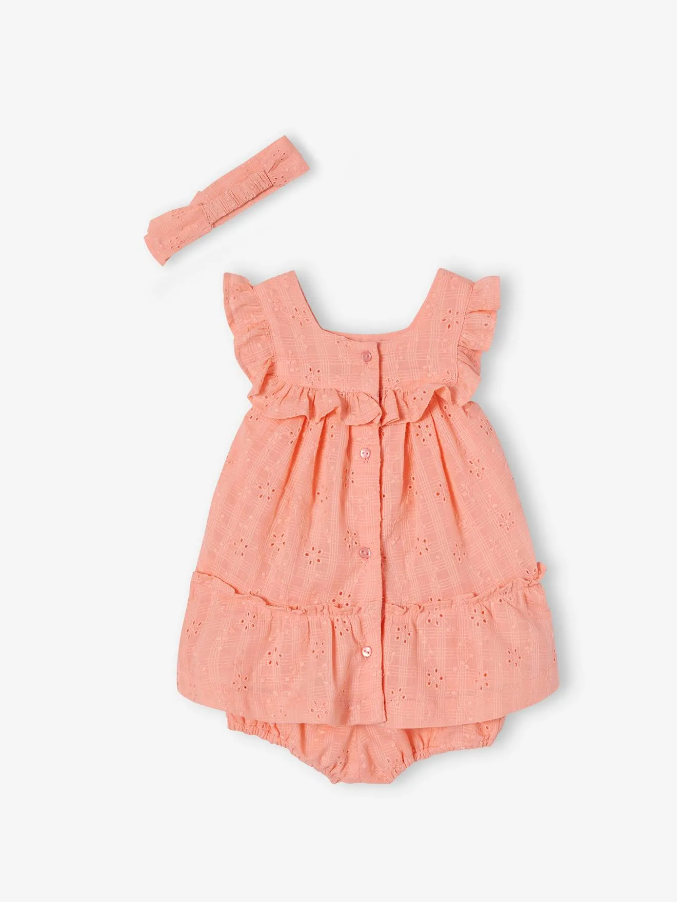 Conjunto de bordado inglés para bebé: vestido, pantalón bombacho y cinta del pelo