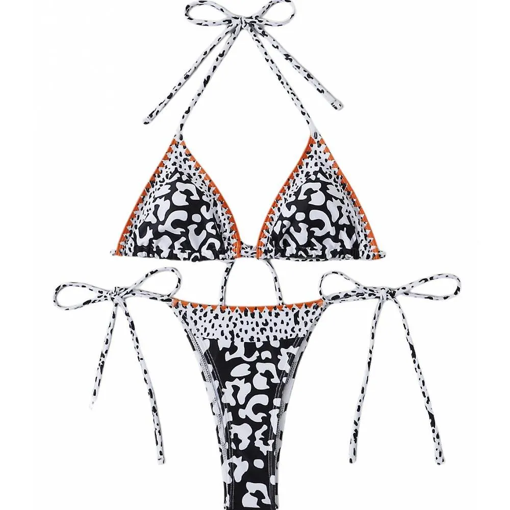 LEOPARD PRINT, TOP TRIANGLE TRIM, PLEATED BANDAGE SPLIT SWIMSUIT, COMFORTABLE AND COOL THREEPOINT NECK BIKINI (L)