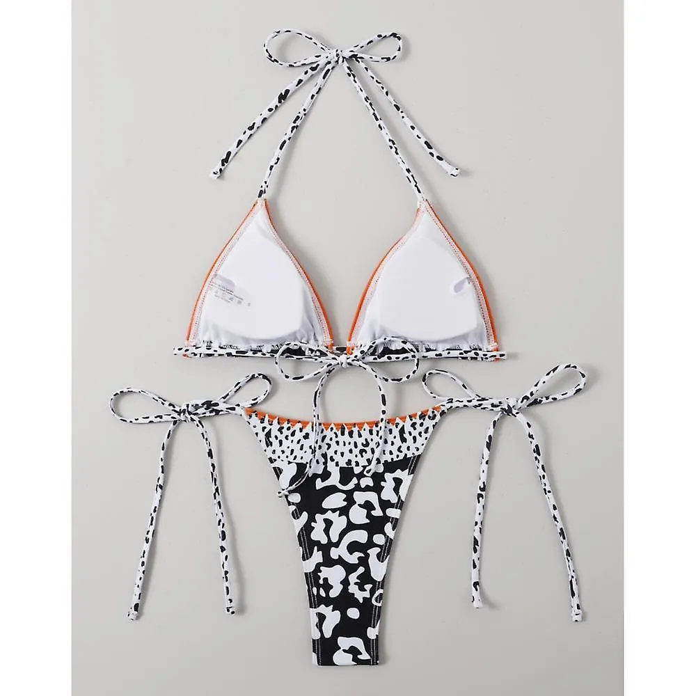 LEOPARD PRINT, TOP TRIANGLE TRIM, PLEATED BANDAGE SPLIT SWIMSUIT, COMFORTABLE AND COOL THREEPOINT NECK BIKINI (L)