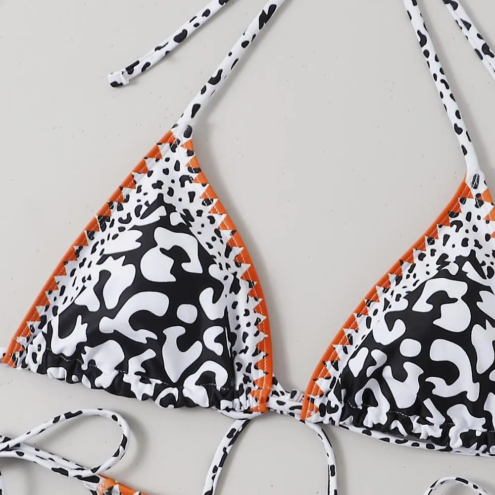 LEOPARD PRINT, TOP TRIANGLE TRIM, PLEATED BANDAGE SPLIT SWIMSUIT, COMFORTABLE AND COOL THREEPOINT NECK BIKINI (L)
