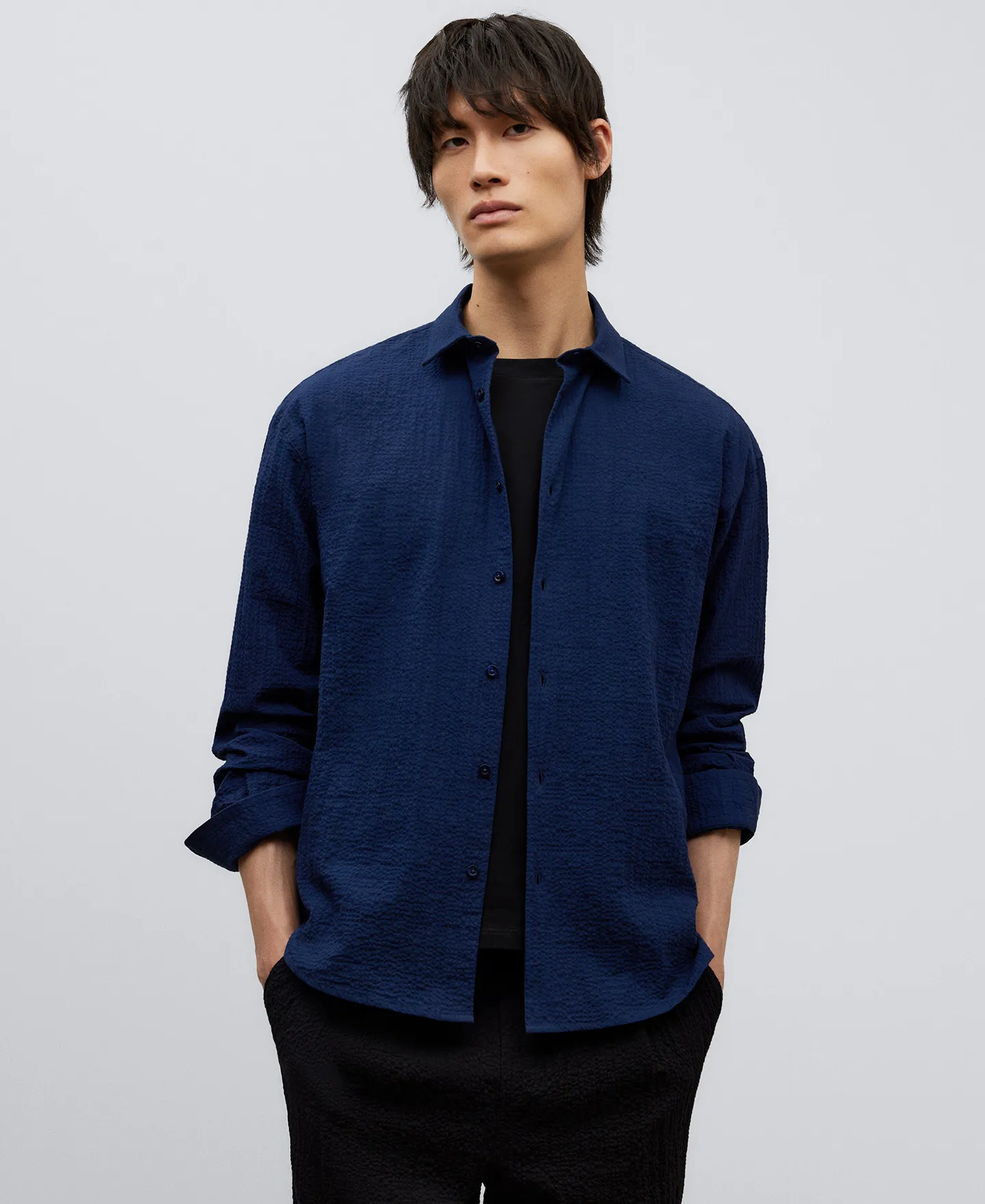 Navy blue cotton shirt man