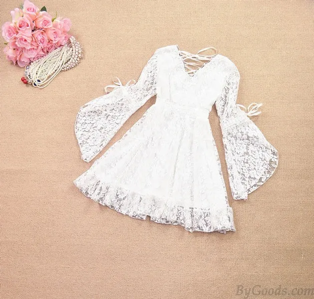 NEW LADIES FASHION SLIM VNECK BOW SEXY LACE DRESS