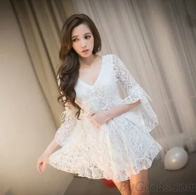 NEW LADIES FASHION SLIM VNECK BOW SEXY LACE DRESS