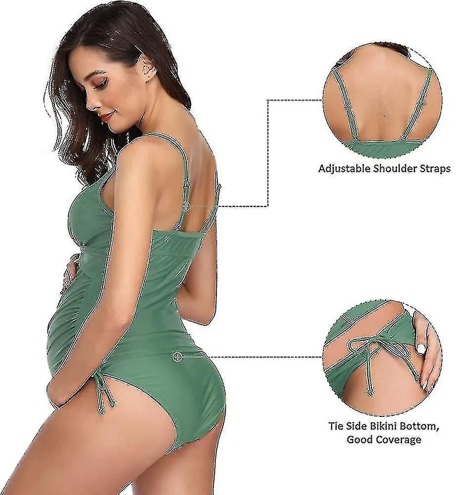 SOLID WOMEN'S MATERNITY SWIMSUIT RETRO PLUM WRAP FRONT TANKINI1PCSGREENXL