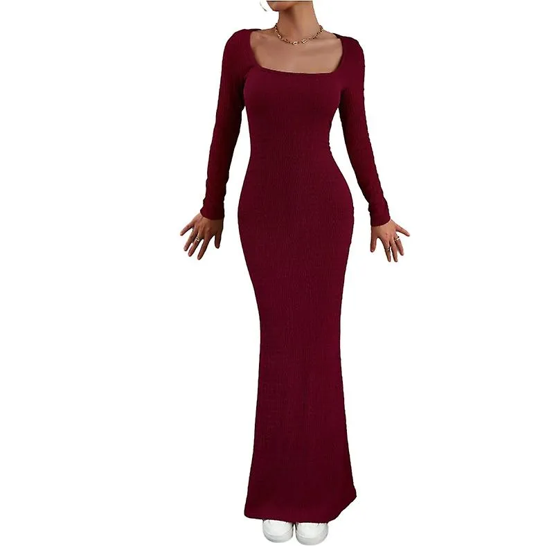 Women's Square Neck Knit Dress, Long Sleeve Ribbed Bodycon Dresses
