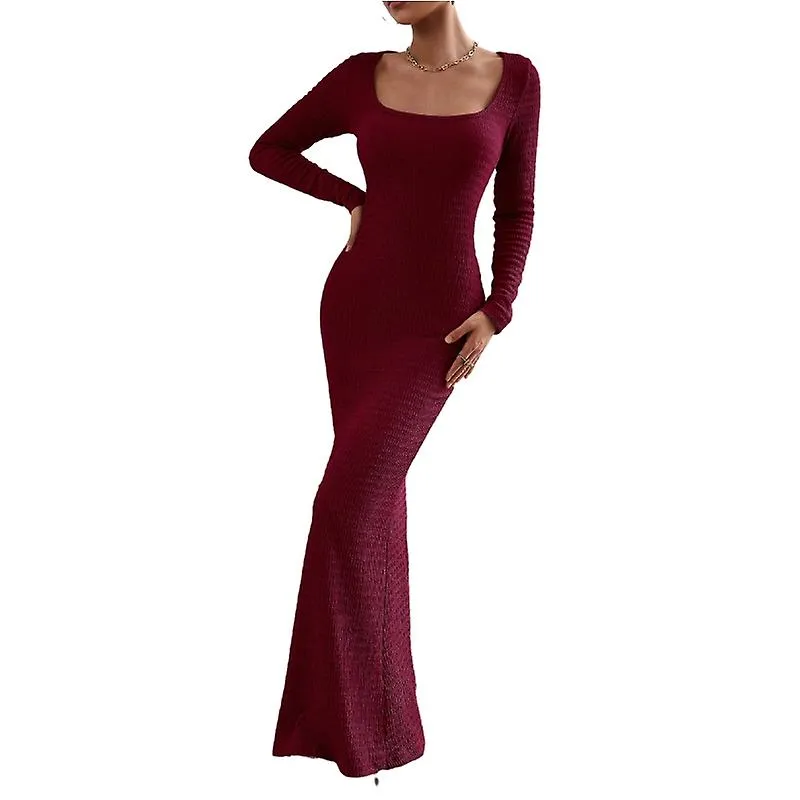 Women's Square Neck Knit Dress, Long Sleeve Ribbed Bodycon Dresses