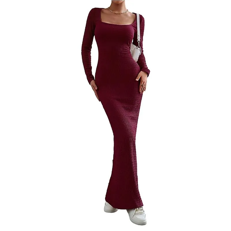 Women's Square Neck Knit Dress, Long Sleeve Ribbed Bodycon Dresses